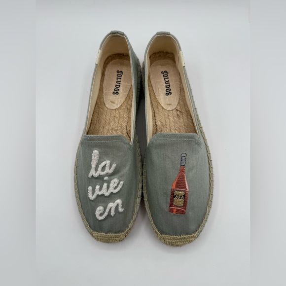 Soludos La Vie En Rosé Embroidered Espadrille Flats Blue Canvas Slip-On Shoes - Picture 12 of 16